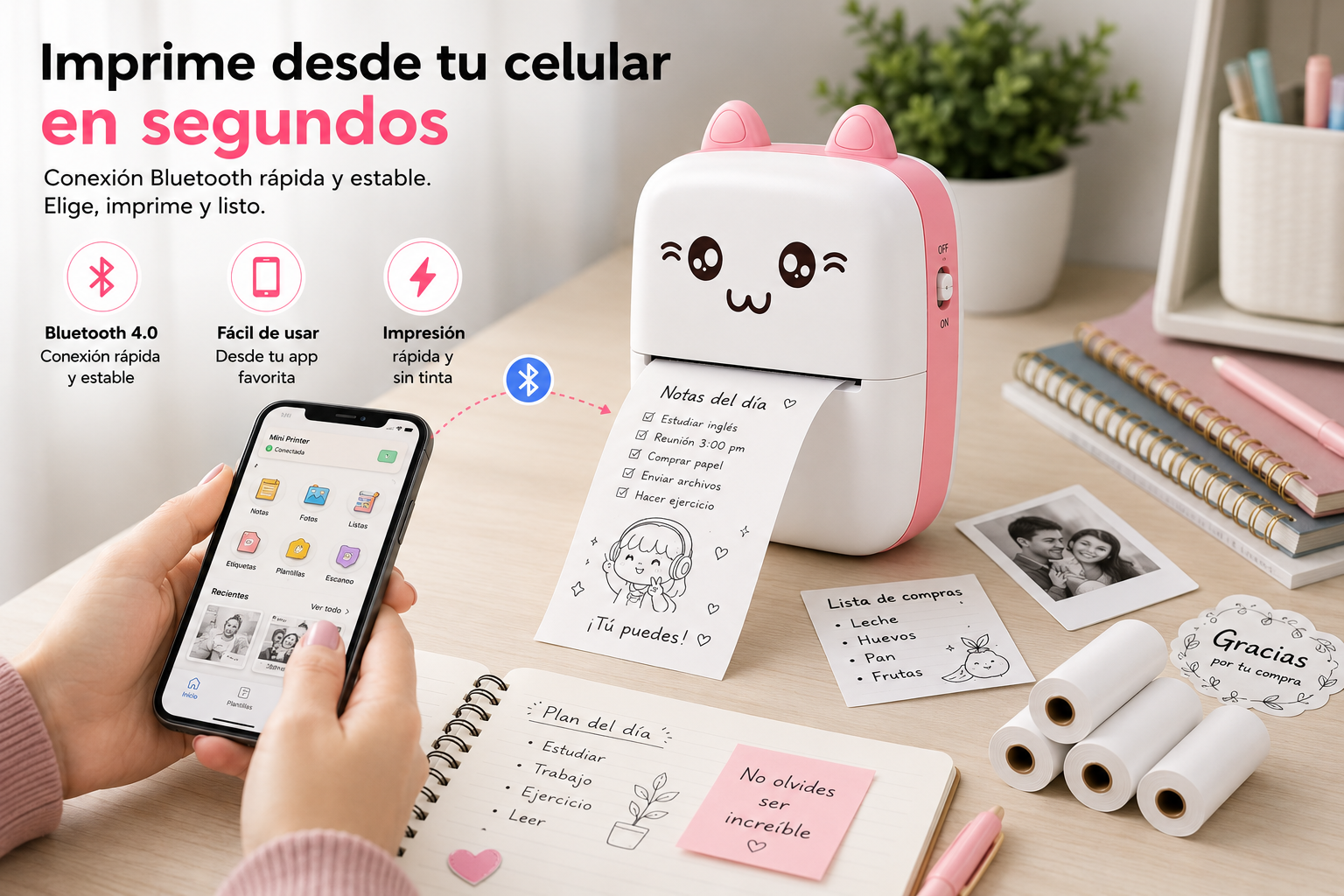 MINI IMPRESORA PORTARIL ROSADA